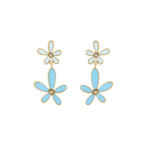 BOUCLES D'OREILLES TIGE ACIER DORÉ DOUBLE FLEUR RÉSINE BLEU