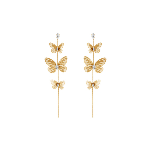 BOUCLES D'OREILLES TIGE ACIER DORÉ PENDANTE 3 PAPILLONS ET OXYDES BLANCS 110MM