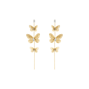 BOUCLES D'OREILLES TIGE ACIER DORÉ PENDANTE 3 PAPILLONS ET OXYDES BLANCS 110MM