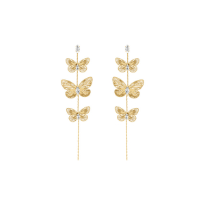 BOUCLES D'OREILLES TIGE ACIER DORÉ PENDANTE 3 PAPILLONS ET OXYDES BLANCS 110MM