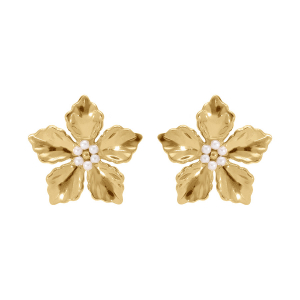 BOUCLES D'OREILLES TIGE ACIER FLEUR PERLES BLANCHES IMITATION