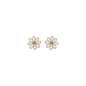 BOUCLES D'OREILLES TIGE ACIER DORÉ FLEUR RÉSINE BLANCHE
