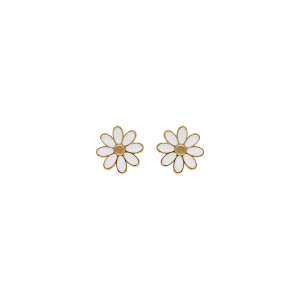 BOUCLES D'OREILLES TIGE ACIER DORÉ FLEUR RÉSINE BLANCHE