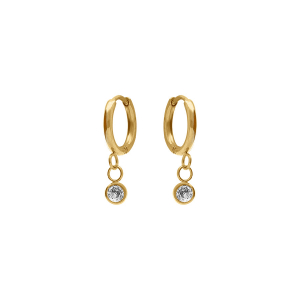 BOUCLES D'OREILLES ACIER DORÉ  CRÉOLES ARTICULÉE 1 OXYDE BLANC SERTI CLOS