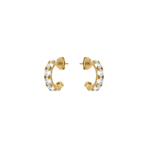BOUCLES D'OREILLES TIGE DEMI CRÉOLES ACIER DORÉ OXYDES BLANCS SERTIS 10MM