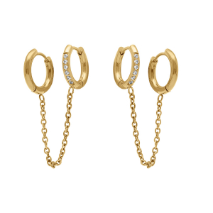 BOUCLES D'OREILLES ACIER DORÉ DE LOBE CRÉOLES OXYDES BLANCS SERTIS AVEC CHAINETTE