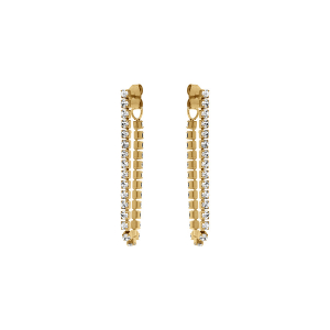 BOUCLES D'OREILLES TIGE ACIER DORÉ CHAINETTE OXYDES BLANCS SERTIS