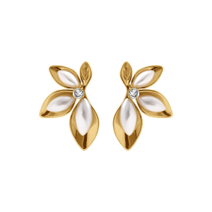 BOUCLES D'OREILLES TIGE ACIER DORÉ FEUILLAGE 33.5MM OXYDE BLANC ET RÉSINE BLANCHE