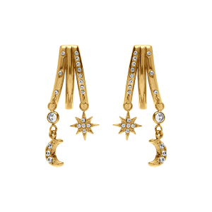 BOUCLES D'OREILLES TIGE ACIER DORÉ 3 RANGS ETOILE ET LUNE OXYDES BLANCS SERTIS 40+5CM