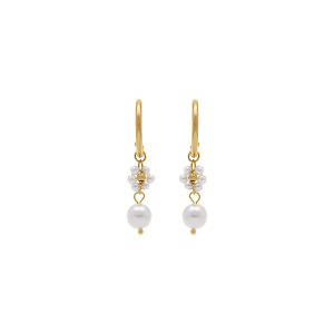 BOUCLES D'OREILLES ACIER DORÉ PENDANTE FLEUR ET BOULE BLANCHE