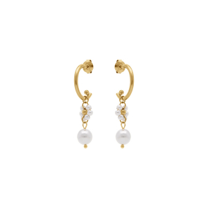 BOUCLES D'OREILLES ACIER DORÉ PENDANTE FLEUR ET BOULE BLANCHE