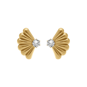 BOUCLES D'OREILLES TIGE ACIER DORÉ FORME EVENTAIL OXYDE BLANC