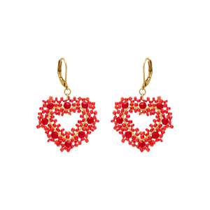 BOUCLES D'OREILLES ACIER DORÉ PERLES DE SOLEIL DORMEUSE FORME COEUR ROUGE