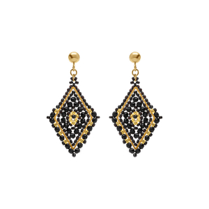 BOUCLES D'OREILLES TIGE ACIER DORÉ PERLES DE SOLEIL FORME LOSANGE NOIR