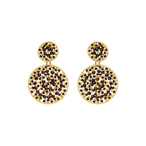 BOUCLES D'OREILLES TIGE ACIER DORÉ PERLES DE SOLEIL 2 CERCLES COULEUR CHOCOLAT