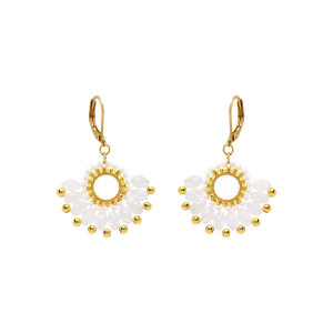 BOUCLES D'OREILLES ACIER DORÉ PERLES DE SOLEIL DORMEUSE FORME EVENTAIL BLANC