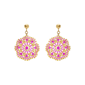 BOUCLES D'OREILLES TIGE ACIER DORÉ PERLES DE SOLEIL RONDE COULEUR FUSHIA