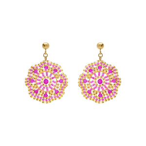 BOUCLES D'OREILLES TIGE ACIER DORÉ PERLES DE SOLEIL RONDE COULEUR FUSHIA