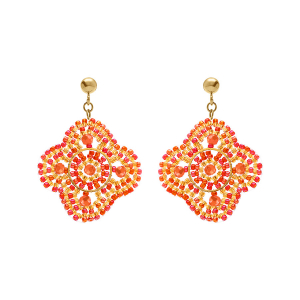 BOUCLES D'OREILLES TIGE ACIER DORÉ PERLES DE SOLEIL FORME FLEUR COULEUR CORAIL