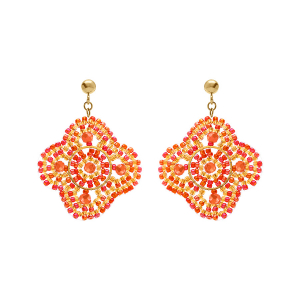 BOUCLES D'OREILLES TIGE ACIER DORÉ PERLES DE SOLEIL FORME FLEUR COULEUR CORAIL