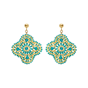 BOUCLES D'OREILLES TIGE ACIER DORÉ PERLES DE SOLEIL FORME FLEUR COULEUR TURQUOISE