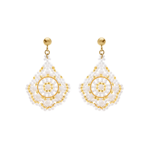 BOUCLES D'OREILLES TIGE ACIER DORÉ PERLES DE SOLEIL FORME LOSANGE BLANC