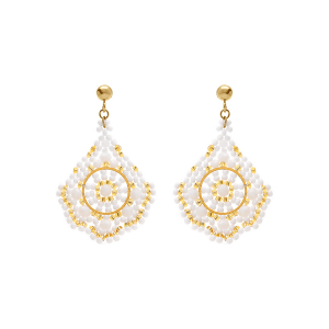 BOUCLES D'OREILLES TIGE ACIER DORÉ PERLES DE SOLEIL FORME LOSANGE BLANC