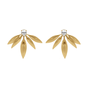 BOUCLES D'OREILLES TIGE ACIER DORÉ DEMI FLEUR 34X45MM  OXYDE BLANC SERTI