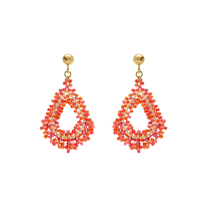 BOUCLES D'OREILLES TIGE ACIER DORÉ PERLES DE SOLEIL FORME GOUTTE  COULEUR CORAIL