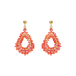 BOUCLES D'OREILLES TIGE ACIER DORÉ PERLES DE SOLEIL FORME GOUTTE  COULEUR CORAIL