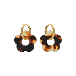 CRÉOLES ACIER DORÉ 15MM ARTICULÉE FLEUR RÉSINE ECAILLE DE TORTUE MARRON