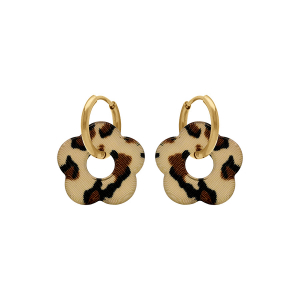 CRÉOLES ACIER DORÉ 15MM ARTICULÉE FLEUR RÉSINE LÉOPARD