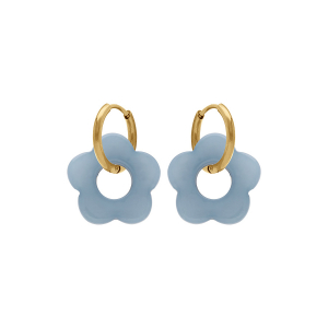 CRÉOLES ACIER DORÉ 15MM ARTICULÉE FLEUR RÉSINE BLEU