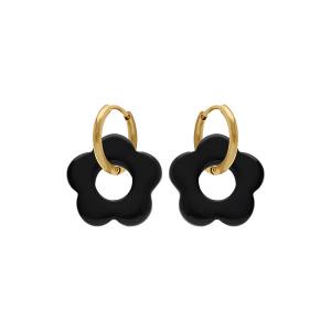 CRÉOLES ACIER DORÉ 15MM ARTICULÉE FLEUR RÉSINE NOIRE