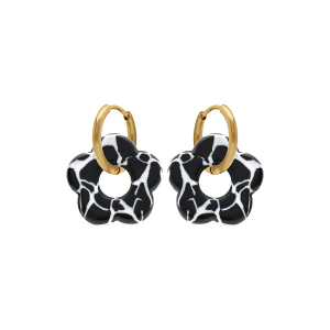 CRÉOLES ACIER DORÉ 15MM ARTICULÉE FLEUR RÉSINE NOIRE ET BLANC