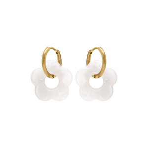 CRÉOLES ACIER DORÉ 15MM ARTICULÉE FLEUR RÉSINE EFFET NACRÉ
