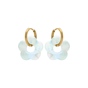 CRÉOLES ACIER DORÉ 15MM ARTICULÉE FLEUR RÉSINE BLEU CIEL EFFET NACRÉ