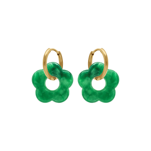 CRÉOLES ACIER DORÉ 15MM ARTICULÉE FLEUR RÉSINE VERT EFFET NACRÉ