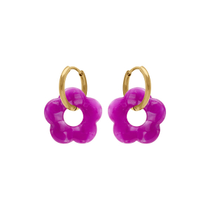 CRÉOLES ACIER DORÉ 15MM ARTICULÉE FLEUR RÉSINE FUSCHIA EFFET NACRÉ