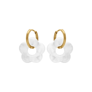 CRÉOLES ACIER DORÉ 15MM ARTICULÉE FLEUR BLANCHE EFFET NACRÉ