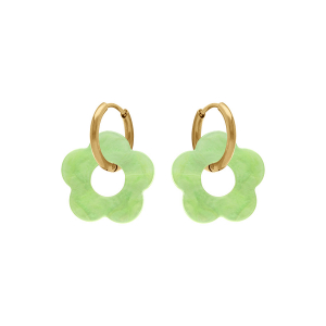 CRÉOLES ACIER DORÉ 15MM ARTICULÉE FLEUR RÉSINE VERT CLAIR EFFET NACRÉ