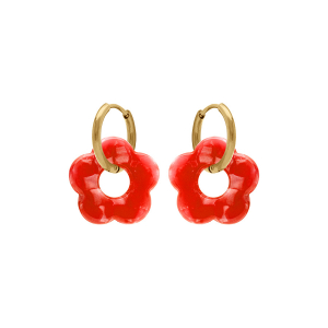 CRÉOLES ACIER DORÉ 15MM ARTICULÉE FLEUR RÉSINE ROUGE EFFET NACRÉ