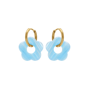 CRÉOLES ACIER DORÉ 15MM ARTICULÉE FLEUR RÉSINE BLEU TURQUOISE EFFET NACRÉ