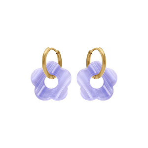 CRÉOLES ACIER DORÉ 15MM ARTICULÉE FLEUR RÉSINE VIOLET EFFET NACRÉ