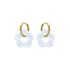 CRÉOLES ACIER DORÉ 15MM ARTICULÉE FLEUR RÉSINE BLANC EFFET NACRÉ