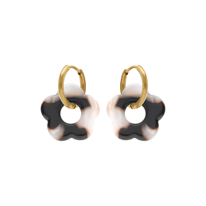 CRÉOLES ACIER DORÉ 15MM ARTICULÉE FLEUR RÉSINE BLANC ET NOIR EFFET NUANCÉ