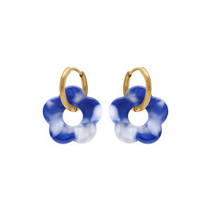 CRÉOLES ACIER DORÉ 15MM ARTICULÉE FLEUR RÉSINE BLEU EFFET NUANCÉ