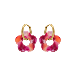 CRÉOLES ACIER DORÉ 15MM ARTICULÉE FLEUR RÉSINE FUSCHIA EFFET NUANCÉ