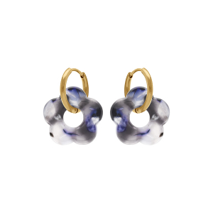 CRÉOLES ACIER DORÉ 15MM ARTICULÉE FLEUR RÉSINE GRISE EFFET NUANCÉ