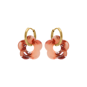 CRÉOLES ACIER DORÉ 15MM ARTICULÉE FLEUR RÉSINE CHAMPAGNE EFFET NUANCÉ